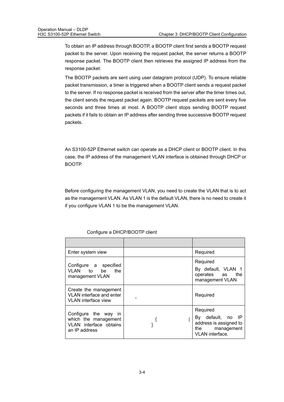 3 dhcp/bootp client configuration, 1 prerequisites, 2 configuring a dhcp/bootp client | 3 dhcp/bootp client configuration -4 | H3C Technologies H3C S3100 Series Switches User Manual | Page 365 / 630