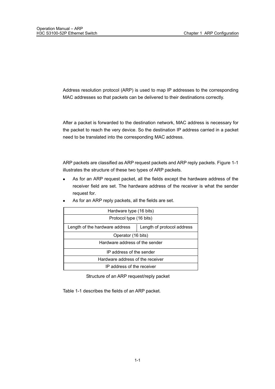 Chapter 1 arp configuration, 1 introduction to arp, 1 necessity of the address resolution | 2 arp packet structure, Chapter 1 arp configuration -1, 1 introduction to arp -1 | H3C Technologies H3C S3100 Series Switches User Manual | Page 368 / 630