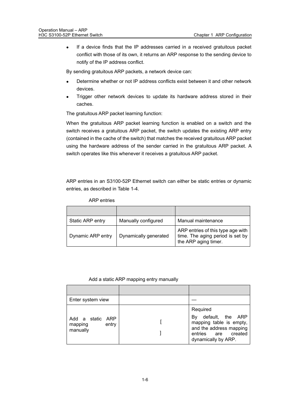 2 arp configuration, 1 adding a static arp mapping entry manually, 2 arp configuration -6 | 1 adding a static arp mapping entry manually -6 | H3C Technologies H3C S3100 Series Switches User Manual | Page 373 / 630