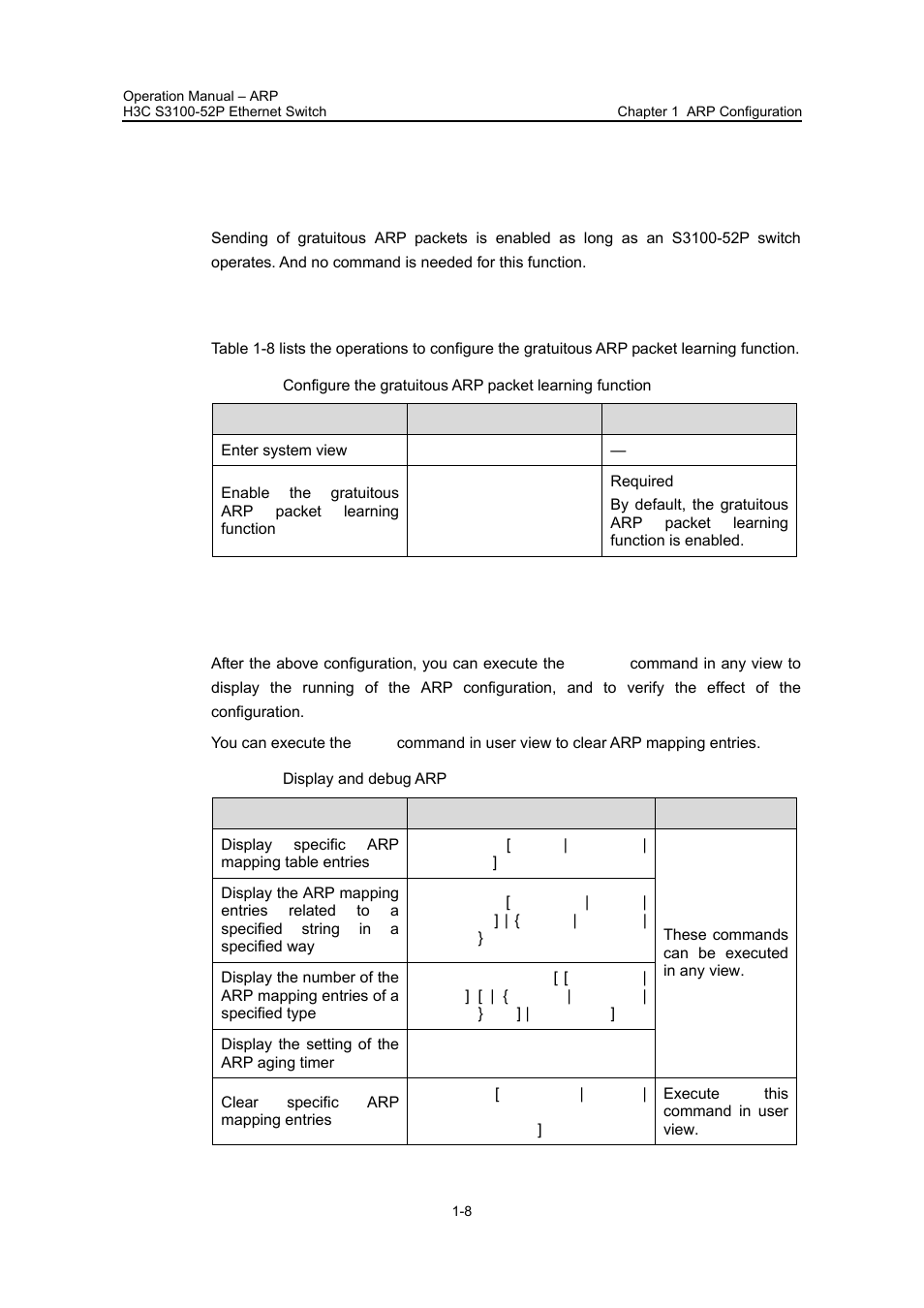 3 gratuitous arp packet configuration, 1 configuring sending of gratuitous arp packets, 4 displaying and debugging arp | 3 gratuitous arp packet configuration -8, 4 displaying and debugging arp -8 | H3C Technologies H3C S3100 Series Switches User Manual | Page 375 / 630