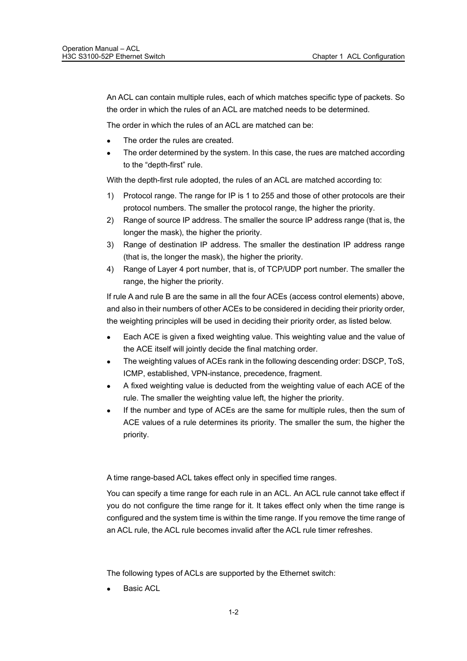2 acl matching order, 3 time range-based acl, 4 types of acls supported by the ethernet switch | H3C Technologies H3C S3100 Series Switches User Manual | Page 378 / 630