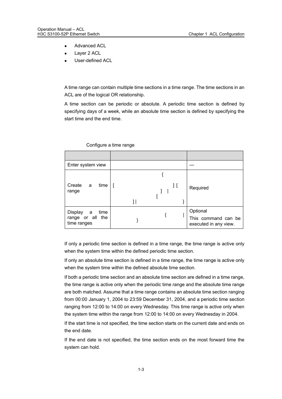 2 time range configuration, 1 configuration procedure, 2 time range configuration -3 | 1 configuration procedure -3 | H3C Technologies H3C S3100 Series Switches User Manual | Page 379 / 630
