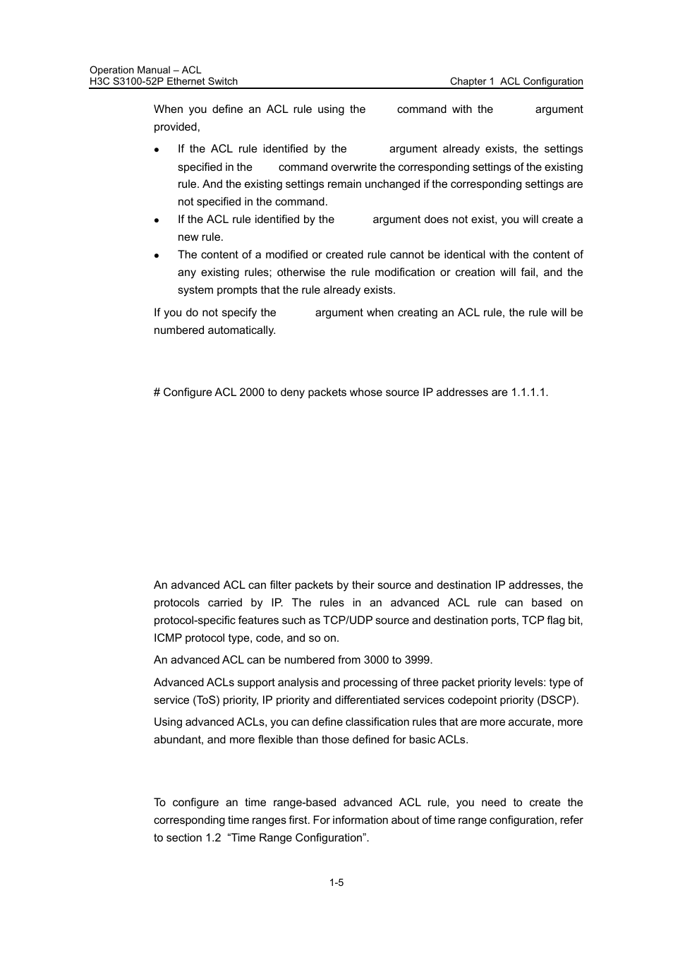 3 configuration example, 4 advanced acl configuration, 1 configuration preparation | 3 configuration example -5, 4 advanced acl configuration -5, 1 configuration preparation -5 | H3C Technologies H3C S3100 Series Switches User Manual | Page 381 / 630