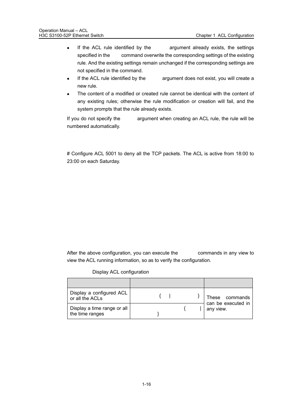 3 configuration example, 7 displaying acl configuration, 3 configuration example -16 | 7 displaying acl configuration -16 | H3C Technologies H3C S3100 Series Switches User Manual | Page 392 / 630