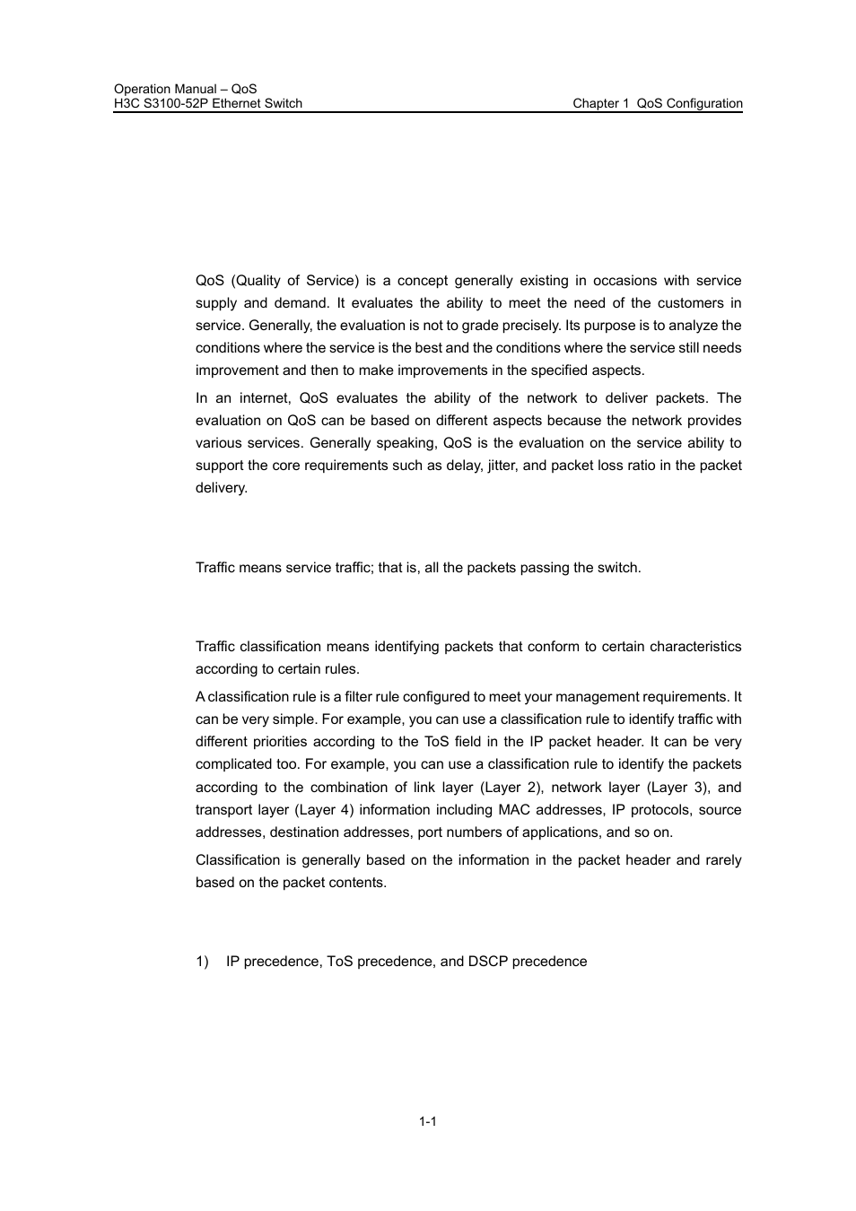 Chapter 1 qos configuration, 1 overview, 1 traffic | 2 traffic classification, 3 precedence, Chapter 1 qos configuration -1, 1 overview -1 | H3C Technologies H3C S3100 Series Switches User Manual | Page 394 / 630