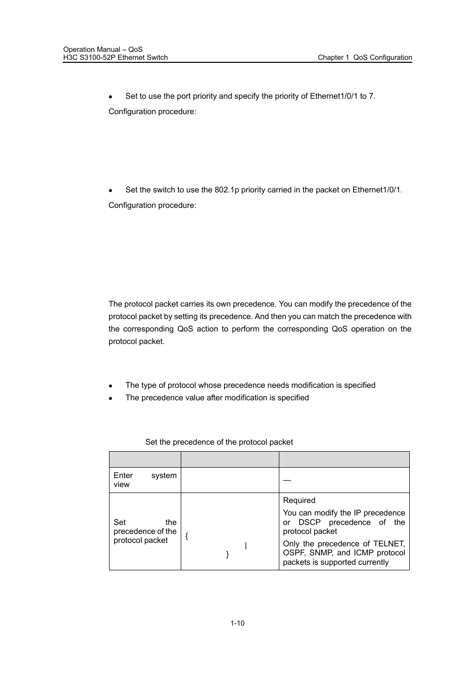 Iii. configuration example, 5 setting the precedence of protocol packet, 1 configuration prerequisites | 2 configuration procedure, 5 setting the precedence of protocol packet -10 | H3C Technologies H3C S3100 Series Switches User Manual | Page 403 / 630