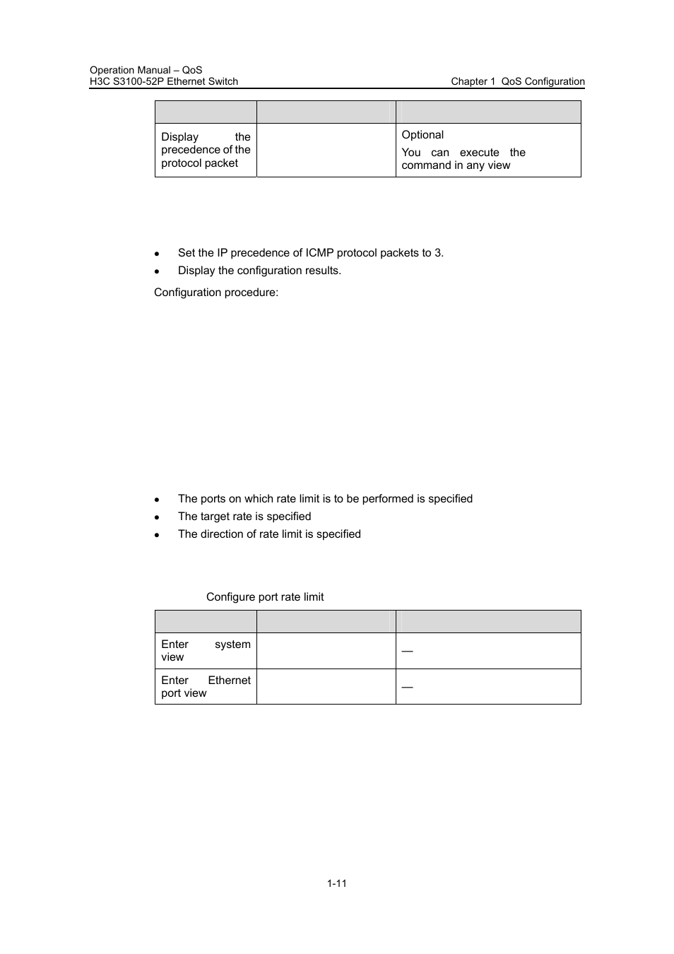 3 configuration example, 6 configuring port rate limit, 1 configuration prerequisites | 2 configuration procedure, 3 configuration example -11, 6 configuring port rate limit -11 | H3C Technologies H3C S3100 Series Switches User Manual | Page 404 / 630