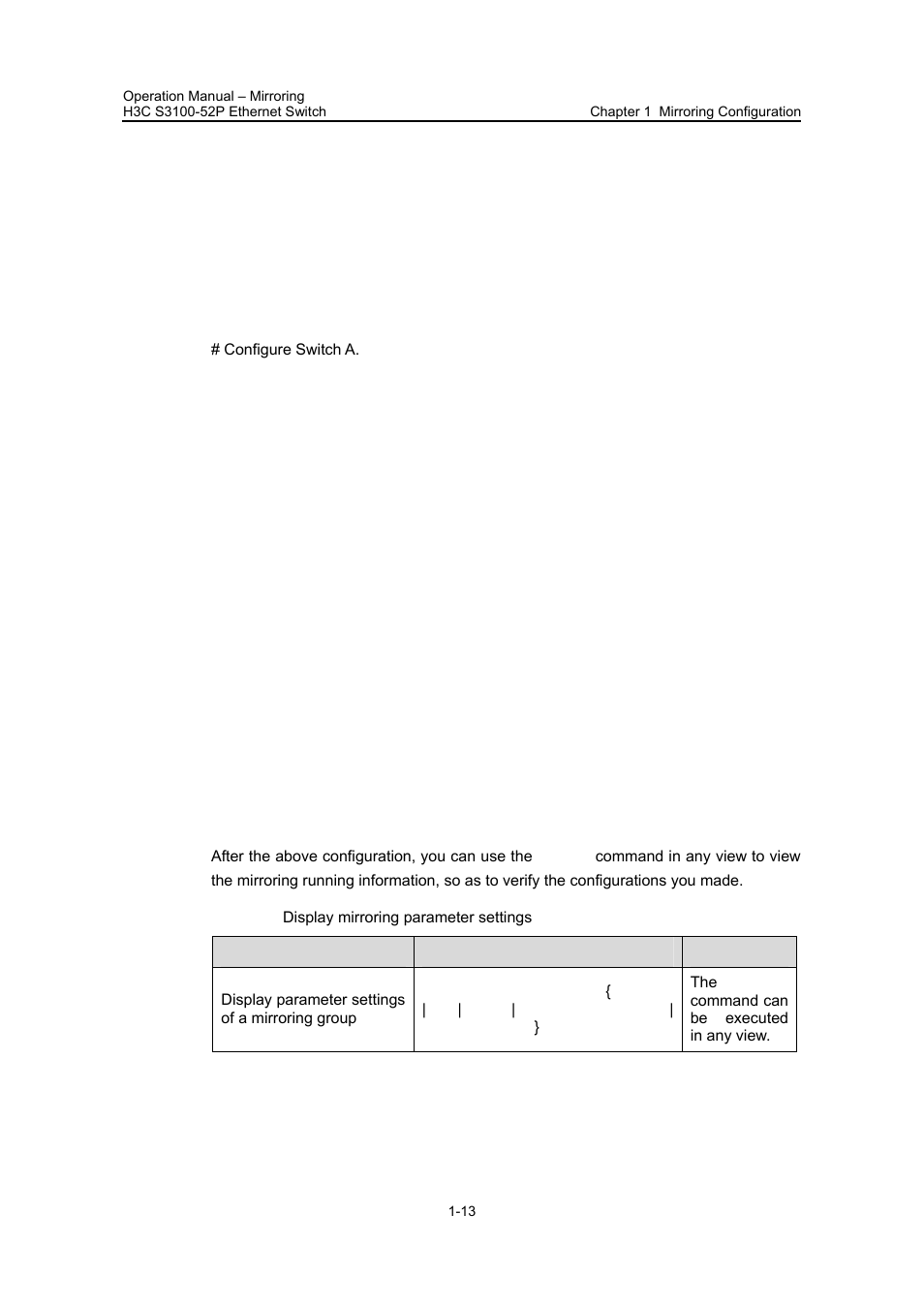 3 displaying mirroring parameter settings, 3 displaying mirroring parameter settings -13 | H3C Technologies H3C S3100 Series Switches User Manual | Page 422 / 630