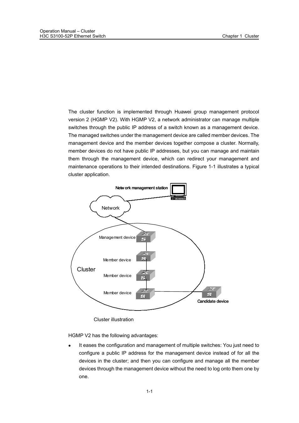 Chapter 1 cluster, 1 cluster overview, 1 introduction to hgmp v2 | Chapter 1 cluster -1, 1 cluster overview -1, 1 introduction to hgmp v2 -1, Cluster | H3C Technologies H3C S3100 Series Switches User Manual | Page 424 / 630