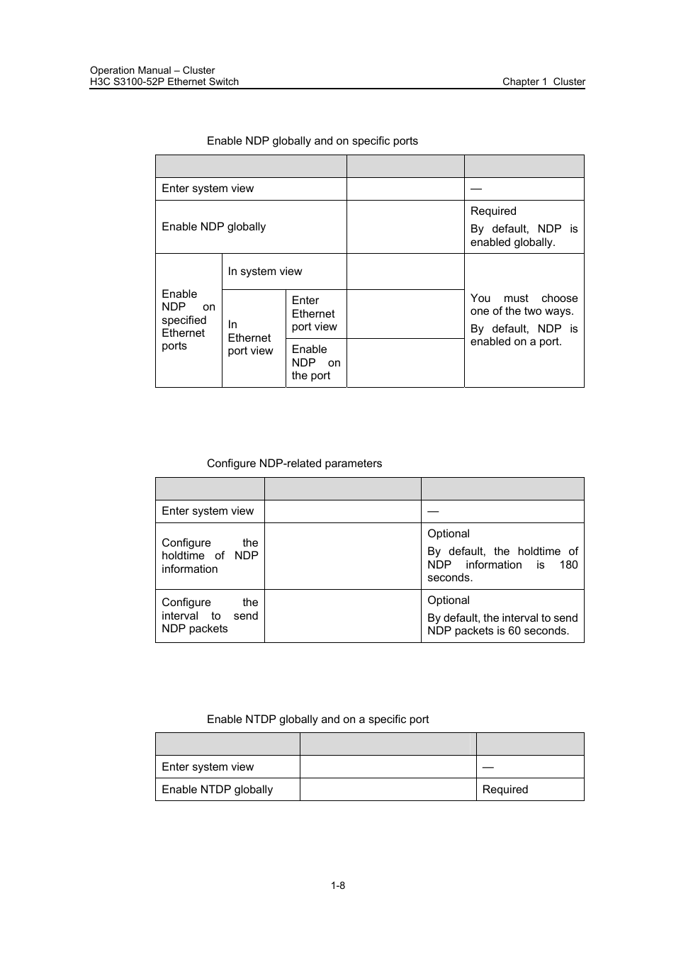 2 enabling ndp globally and on specific ports, 3 configuring ndp-related parameters, 4 enabling ntdp globally and on a specific port | 2 enabling ndp, Globally and on specific ports, 3 configuring, Ndp-related parameters, 4 enabling ntdp, Globally and on a specific port | H3C Technologies H3C S3100 Series Switches User Manual | Page 431 / 630
