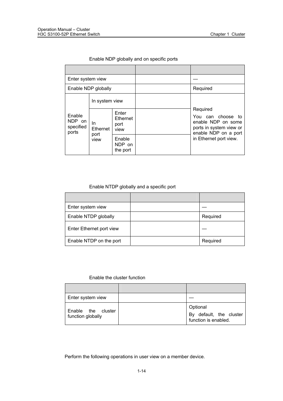 2 enabling ndp globally and on specific ports, 3 enabling ntdp globally and on a specific port, 4 enabling the cluster function | 2 enabling ndp, Globally and on specific ports, Section 1.3.3 enabling ntdp, Globally and on a specific, Port, 4 enabling the, Cluster function | H3C Technologies H3C S3100 Series Switches User Manual | Page 437 / 630
