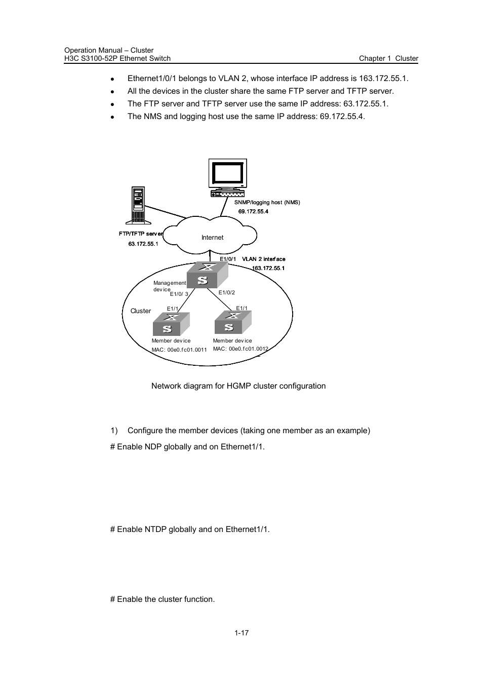 Ii. network diagram, Iii. configuration procedure, Enable ntdp globally and on ethernet1/1 | Enable the cluster function | H3C Technologies H3C S3100 Series Switches User Manual | Page 440 / 630