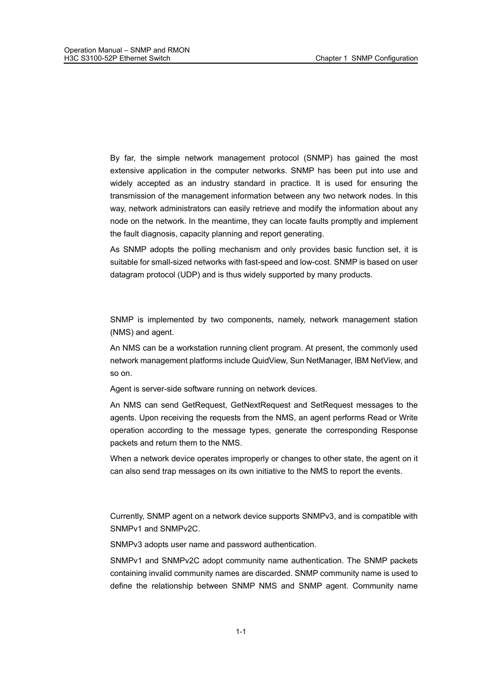 Chapter 1 snmp configuration, 1 snmp overview, 1 snmp operation mechanism | 2 snmp versions, Chapter 1 snmp configuration -1, 1 snmp overview -1 | H3C Technologies H3C S3100 Series Switches User Manual | Page 446 / 630