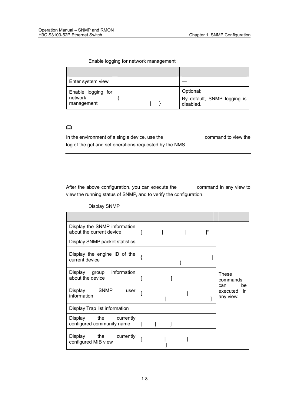 4 enabling logging for network management, 5 displaying snmp | H3C Technologies H3C S3100 Series Switches User Manual | Page 453 / 630