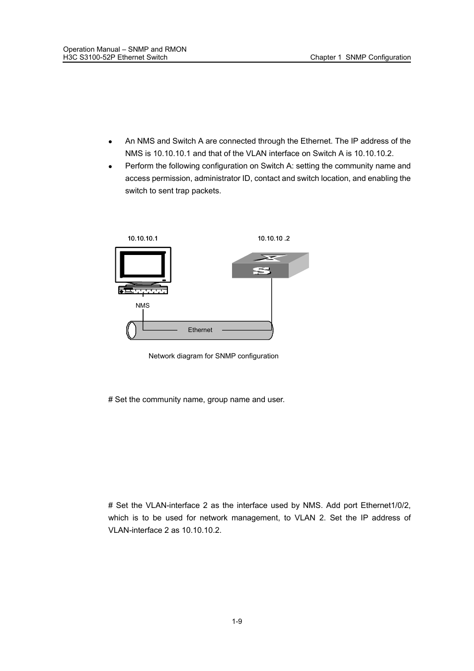 6 snmp configuration example, 1 snmp configuration example, I. network requirements | Ii. network diagram, Iii. network procedure, 6 snmp configuration example -9, 1 snmp configuration example -9 | H3C Technologies H3C S3100 Series Switches User Manual | Page 454 / 630