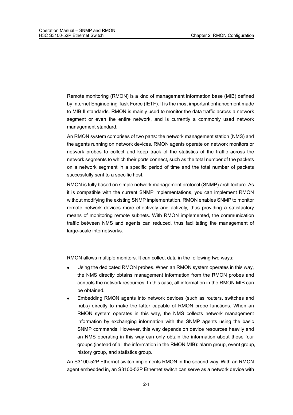 Chapter 2 rmon configuration, 1 introduction to rmon, 1 working mechanism of rmon | Chapter 2 rmon configuration -1, 1 introduction to rmon -1, 1 working mechanism of rmon -1 | H3C Technologies H3C S3100 Series Switches User Manual | Page 456 / 630