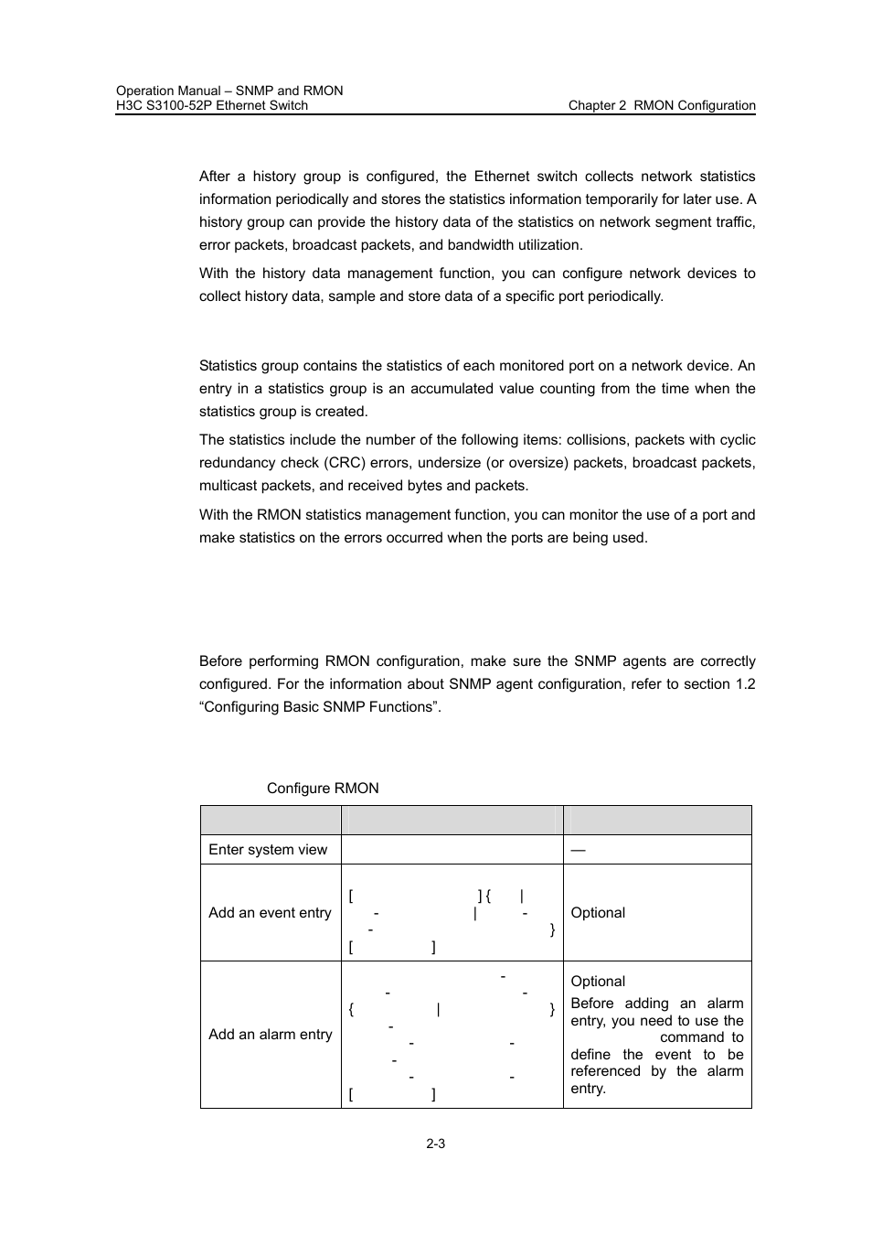 Iv. history group, V. statistics group, 2 rmon configuration | 1 prerequisites, 2 configuring rmon, 2 rmon configuration -3, 1 prerequisites -3 2.2.2 configuring rmon -3 | H3C Technologies H3C S3100 Series Switches User Manual | Page 458 / 630