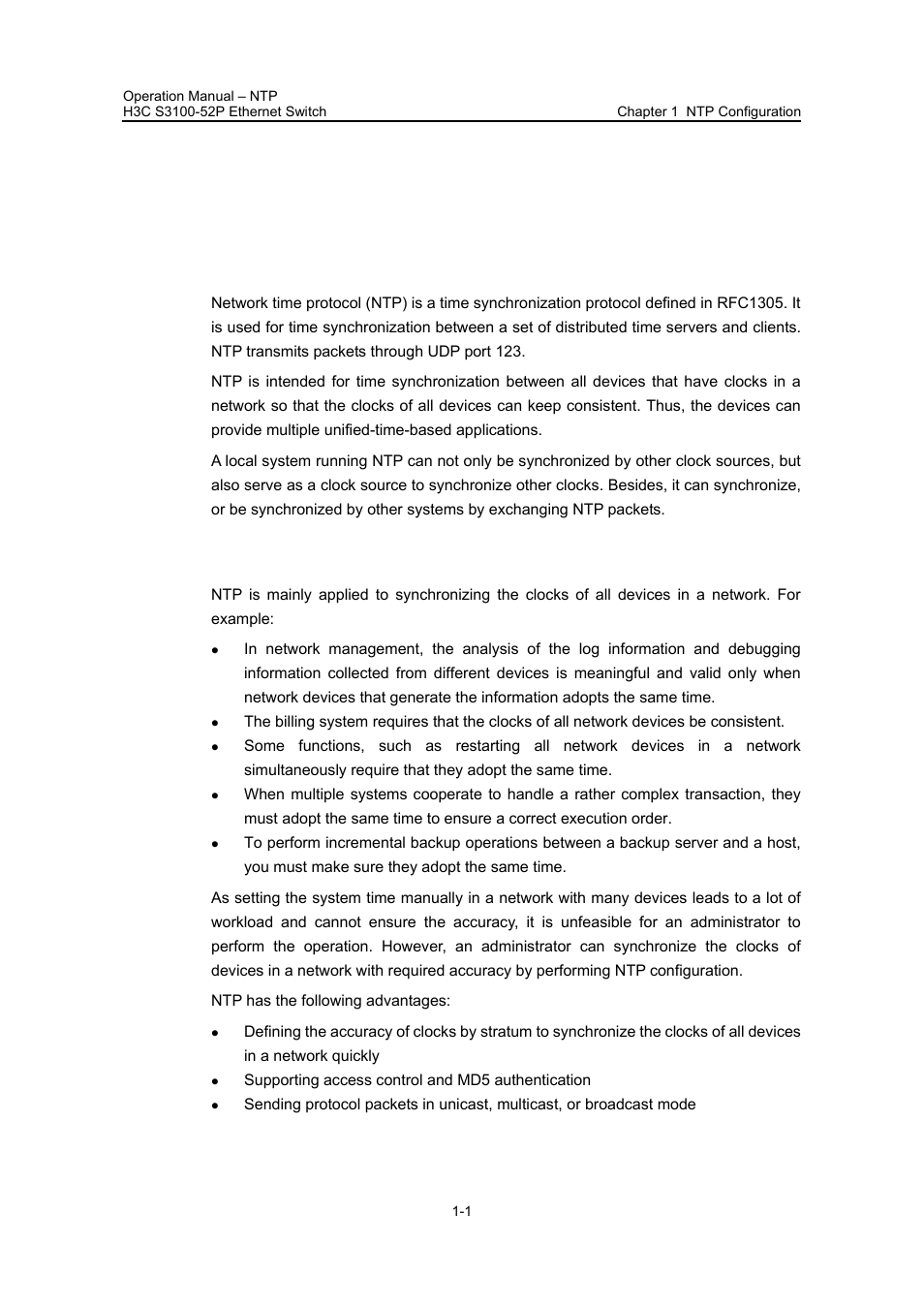 Chapter 1 ntp configuration, 1 introduction to ntp, 1 applications of ntp | Chapter 1 ntp configuration -1, 1 introduction to ntp -1, 1 applications of ntp -1 | H3C Technologies H3C S3100 Series Switches User Manual | Page 463 / 630