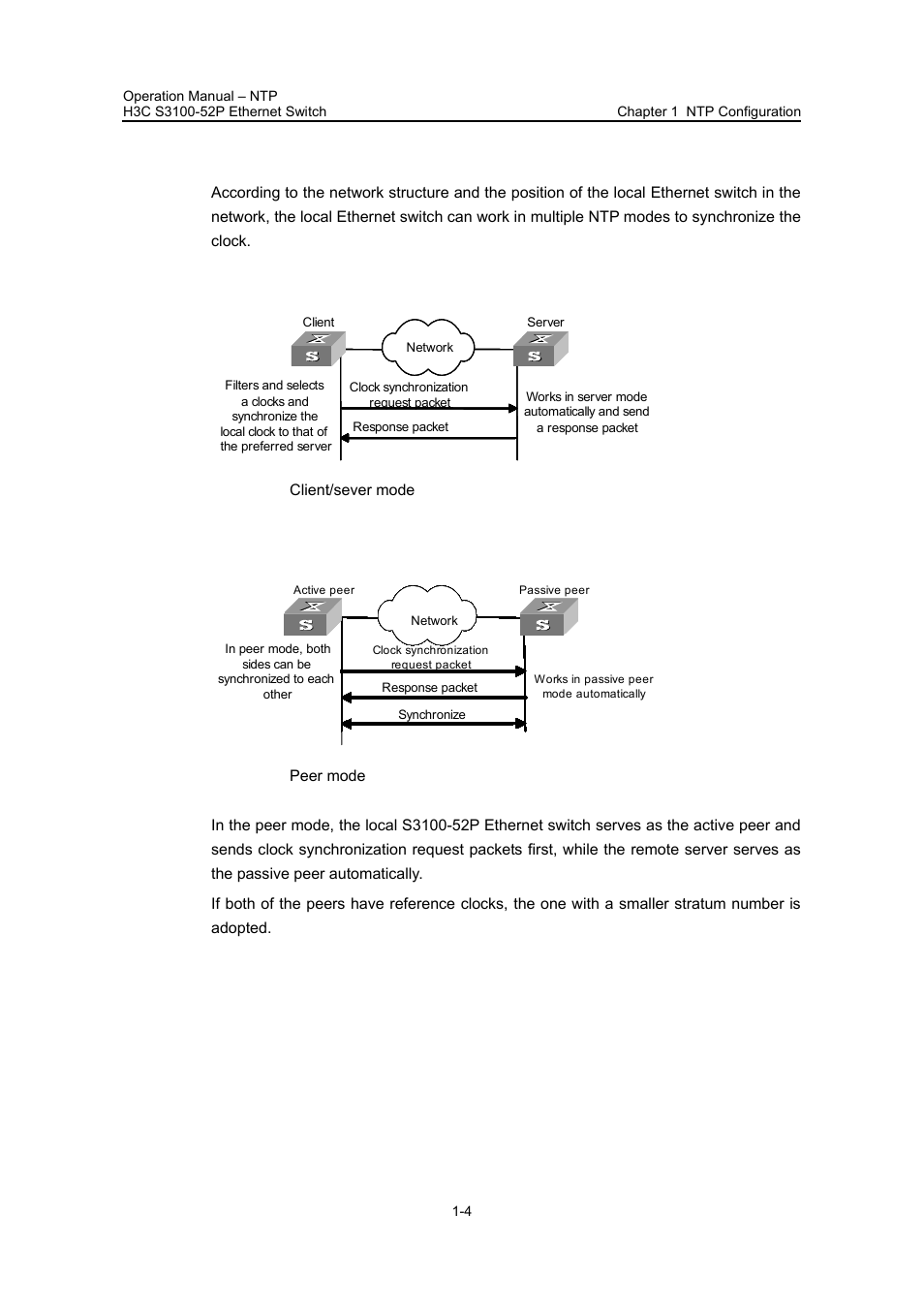 3 ntp implementation modes, I. client/server mode, Ii. peer mode | 3 ntp implementation modes -4 | H3C Technologies H3C S3100 Series Switches User Manual | Page 466 / 630
