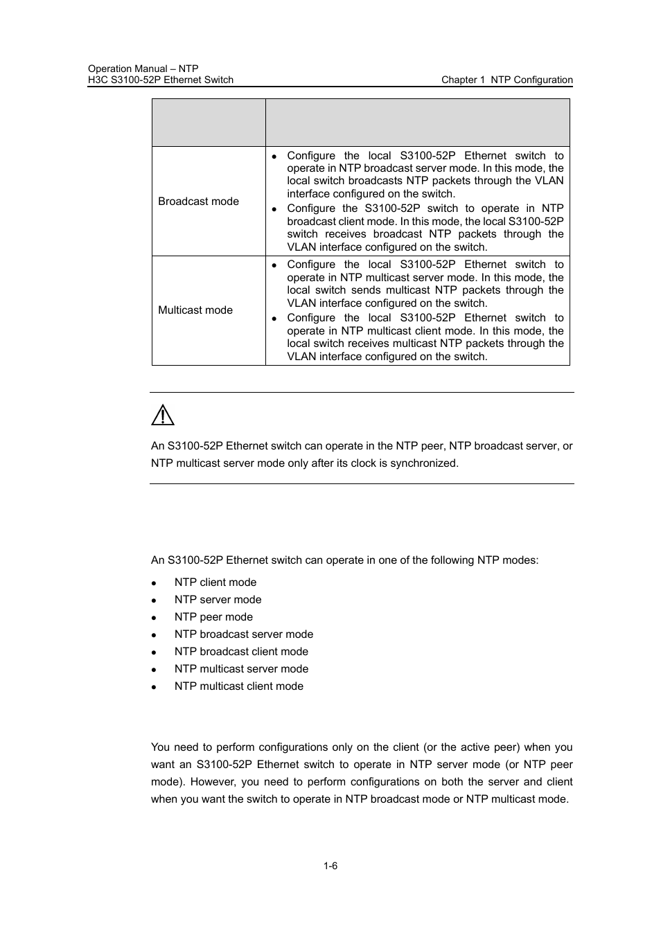 2 configuring ntp implementation modes, 1 configuration prerequisites, 2 configuring ntp implementation modes -6 | 1 configuration prerequisites -6 | H3C Technologies H3C S3100 Series Switches User Manual | Page 468 / 630