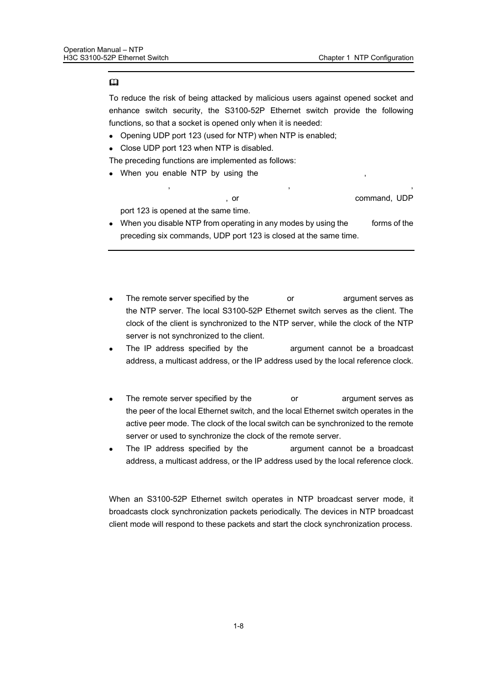 I. ntp client mode, Ii. ntp peer mode, Iii. ntp broadcast server mode | H3C Technologies H3C S3100 Series Switches User Manual | Page 470 / 630