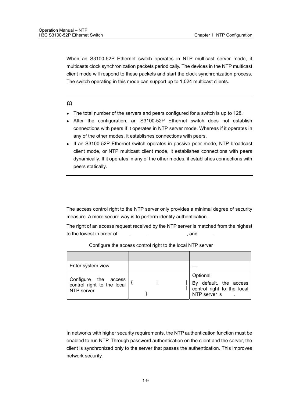 Iv. ntp multicast server mode, 3 configuring access control right, 4 configuring ntp authentication | H3C Technologies H3C S3100 Series Switches User Manual | Page 471 / 630