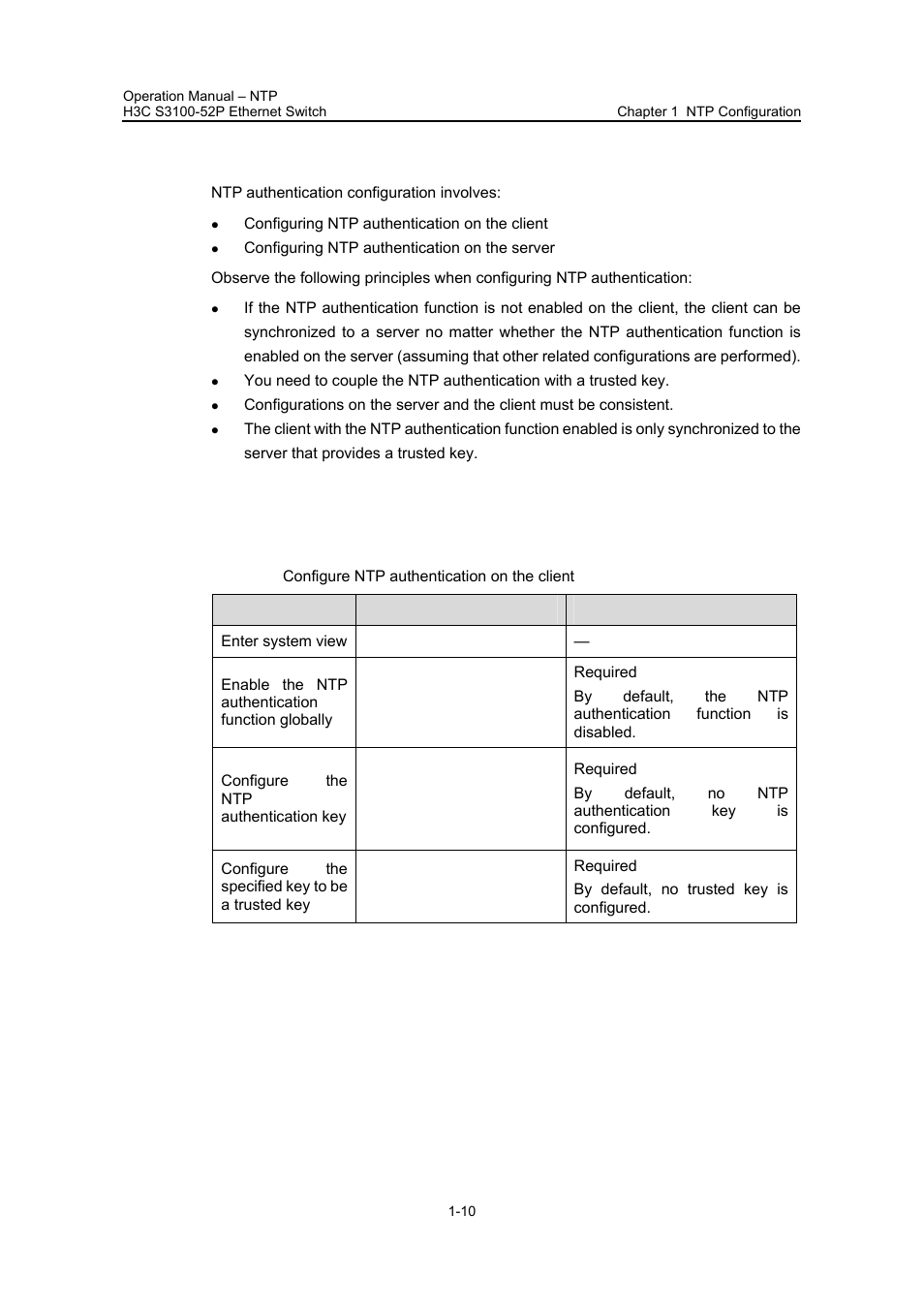 1 configuration prerequisites, 2 configuration procedure, I. configuring ntp authentication on the client | H3C Technologies H3C S3100 Series Switches User Manual | Page 472 / 630