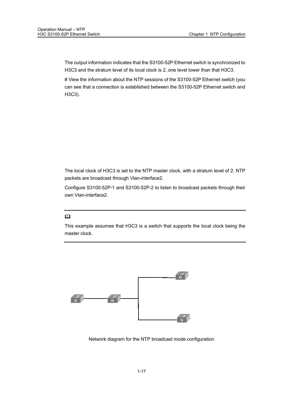 3 configuring ntp broadcast mode, I. network requirements, Ii. network diagram | 3 configuring ntp broadcast mode -17 | H3C Technologies H3C S3100 Series Switches User Manual | Page 479 / 630