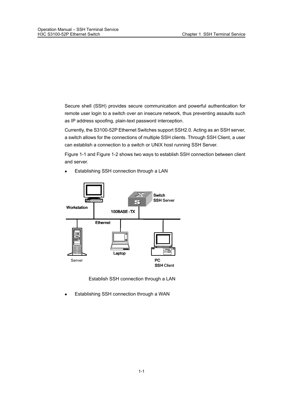 Chapter 1 ssh terminal service, 1 ssh terminal service, 1 introduction to ssh | Chapter 1 ssh terminal service -1, 1 ssh terminal service -1, 1 introduction to ssh -1 | H3C Technologies H3C S3100 Series Switches User Manual | Page 487 / 630