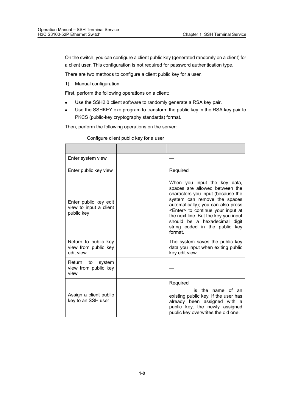 V. configuring a client public key for a user, Configuring a, Client public key for a | User | H3C Technologies H3C S3100 Series Switches User Manual | Page 494 / 630