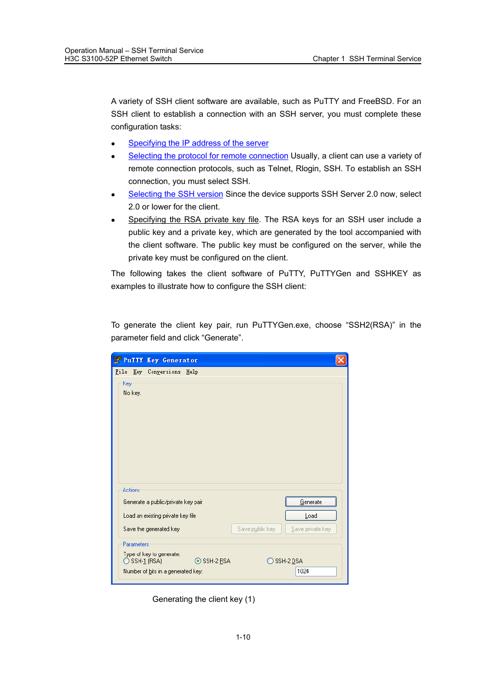 3 ssh client configuration, I. generating the client key, 3 ssh client configuration -10 | H3C Technologies H3C S3100 Series Switches User Manual | Page 496 / 630