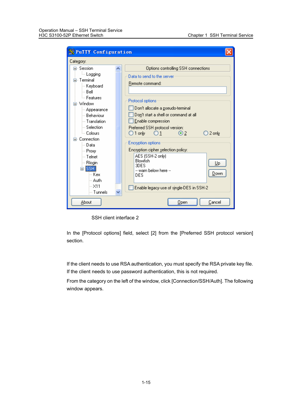 V. open an ssh connection with rsa, Specifying the rsa private key file | H3C Technologies H3C S3100 Series Switches User Manual | Page 501 / 630