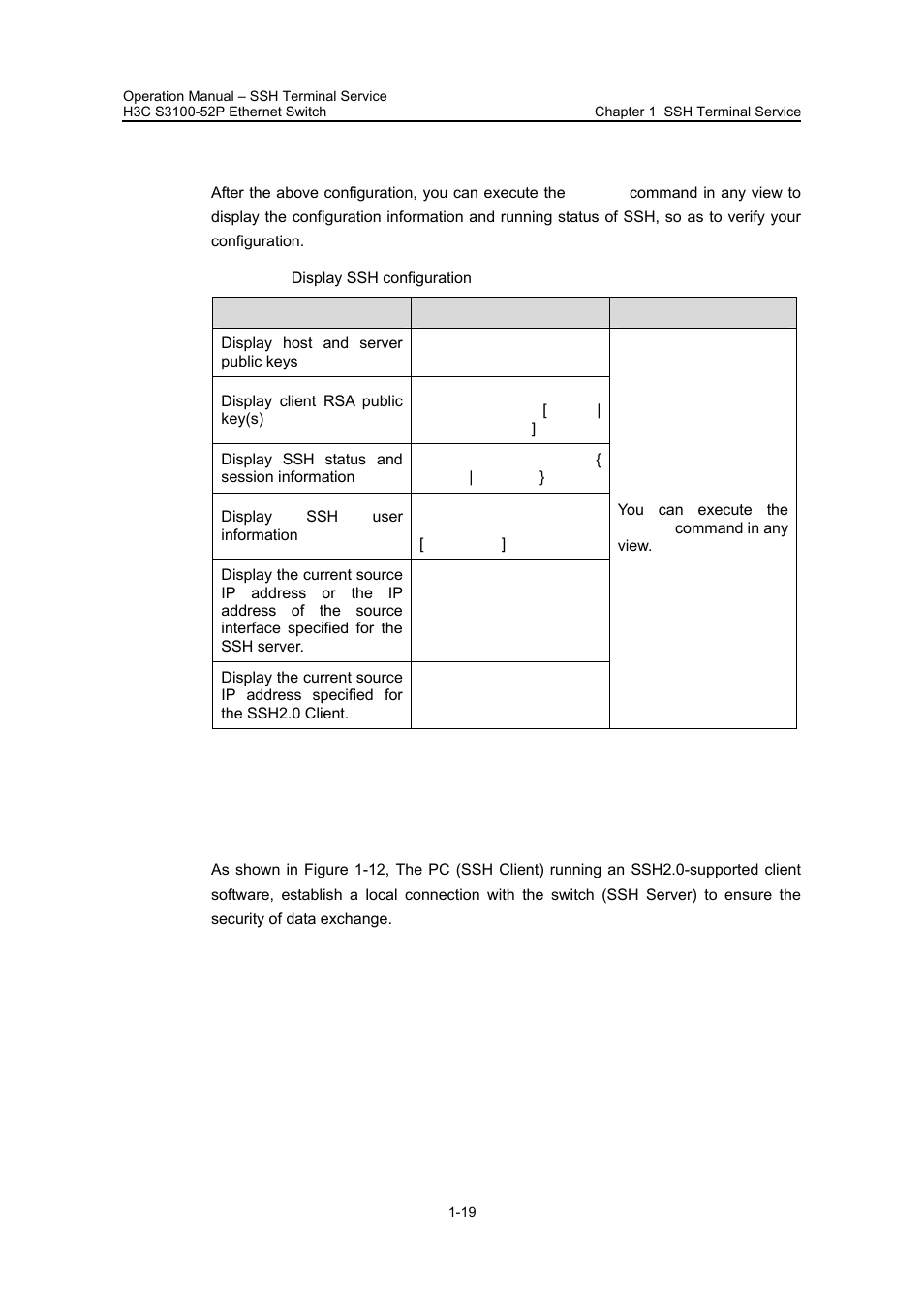 5 displaying ssh configuration, 6 ssh server configuration example, I. network requirements | H3C Technologies H3C S3100 Series Switches User Manual | Page 505 / 630
