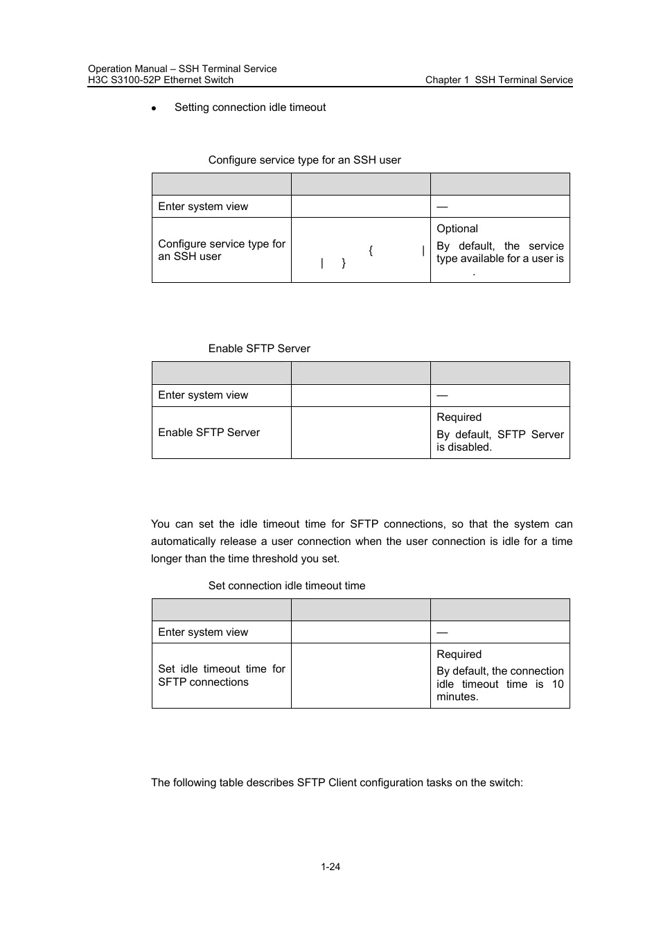 I. configuring service type for an ssh user, Ii. enabling sftp server, Iii. setting connection idle timeout time | 3 sftp client configuration on the switch, 3 sftp client configuration on the switch -24 | H3C Technologies H3C S3100 Series Switches User Manual | Page 510 / 630