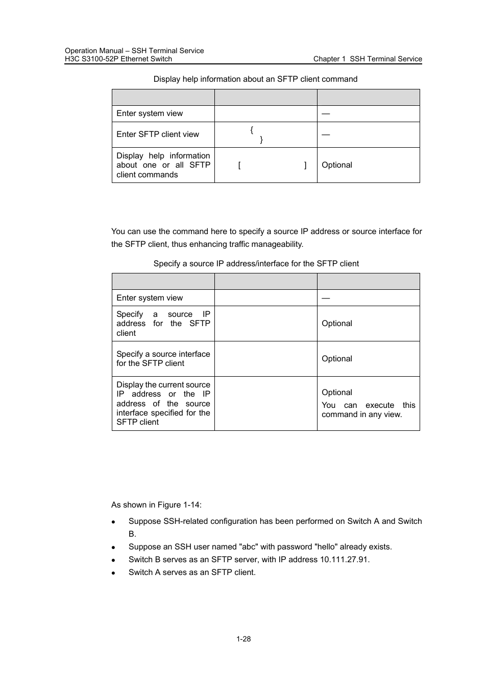 4 sftp configuration example, I. network requirements, 4 sftp configuration example -28 | H3C Technologies H3C S3100 Series Switches User Manual | Page 514 / 630