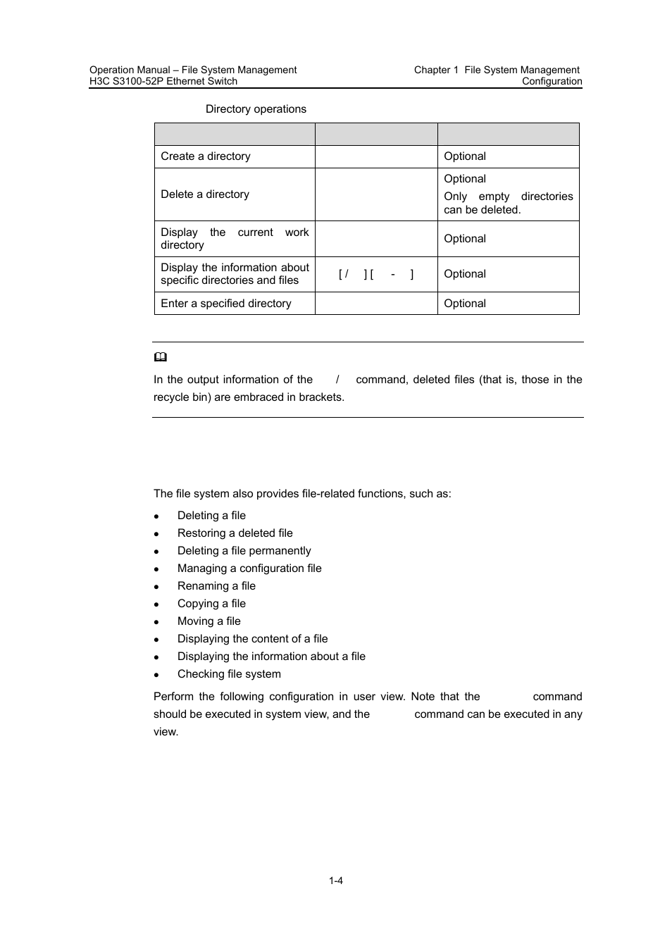 4 file operations, 4 file operations -4, File operations | Table 1-4 | H3C Technologies H3C S3100 Series Switches User Manual | Page 522 / 630