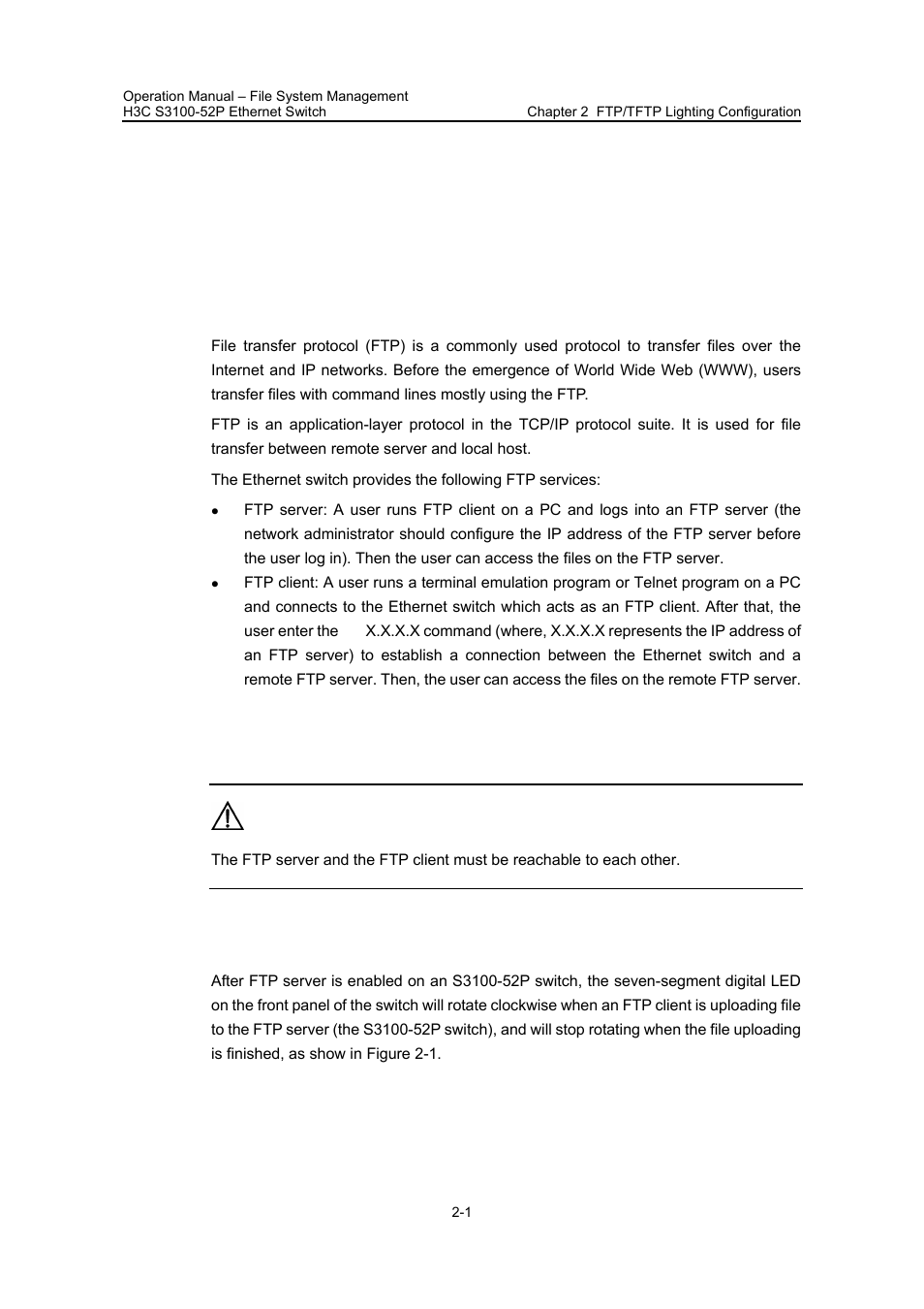 Chapter 2 ftp/tftp lighting configuration, 1 ftp lighting configuration, 1 introduction to ftp | 2 ftp lighting procedure, I. enabling ftp server on the switch, Chapter 2 ftp/tftp lighting configuration -1, 1 ftp lighting configuration -1 | H3C Technologies H3C S3100 Series Switches User Manual | Page 527 / 630