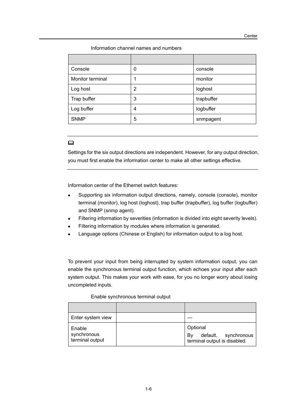 1 enabling synchronous terminal output, 1 enabling synchronous terminal output -6 | H3C Technologies H3C S3100 Series Switches User Manual | Page 557 / 630