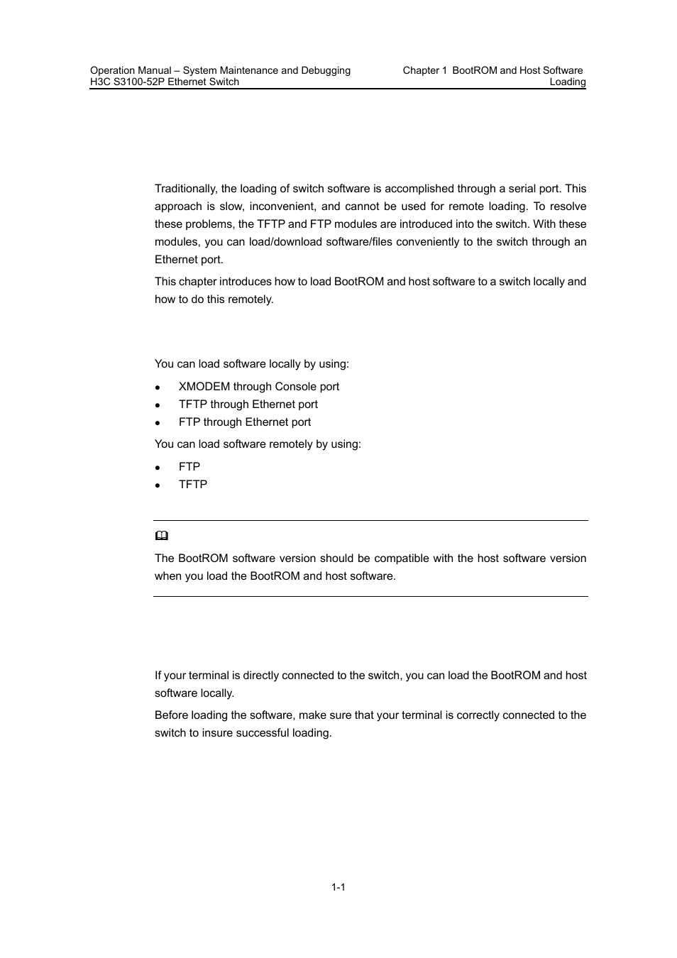 Chapter 1 bootrom and host software loading, 1 introduction to loading approaches, 2 local software loading | Chapter 1 bootrom and host software loading -1 | H3C Technologies H3C S3100 Series Switches User Manual | Page 573 / 630
