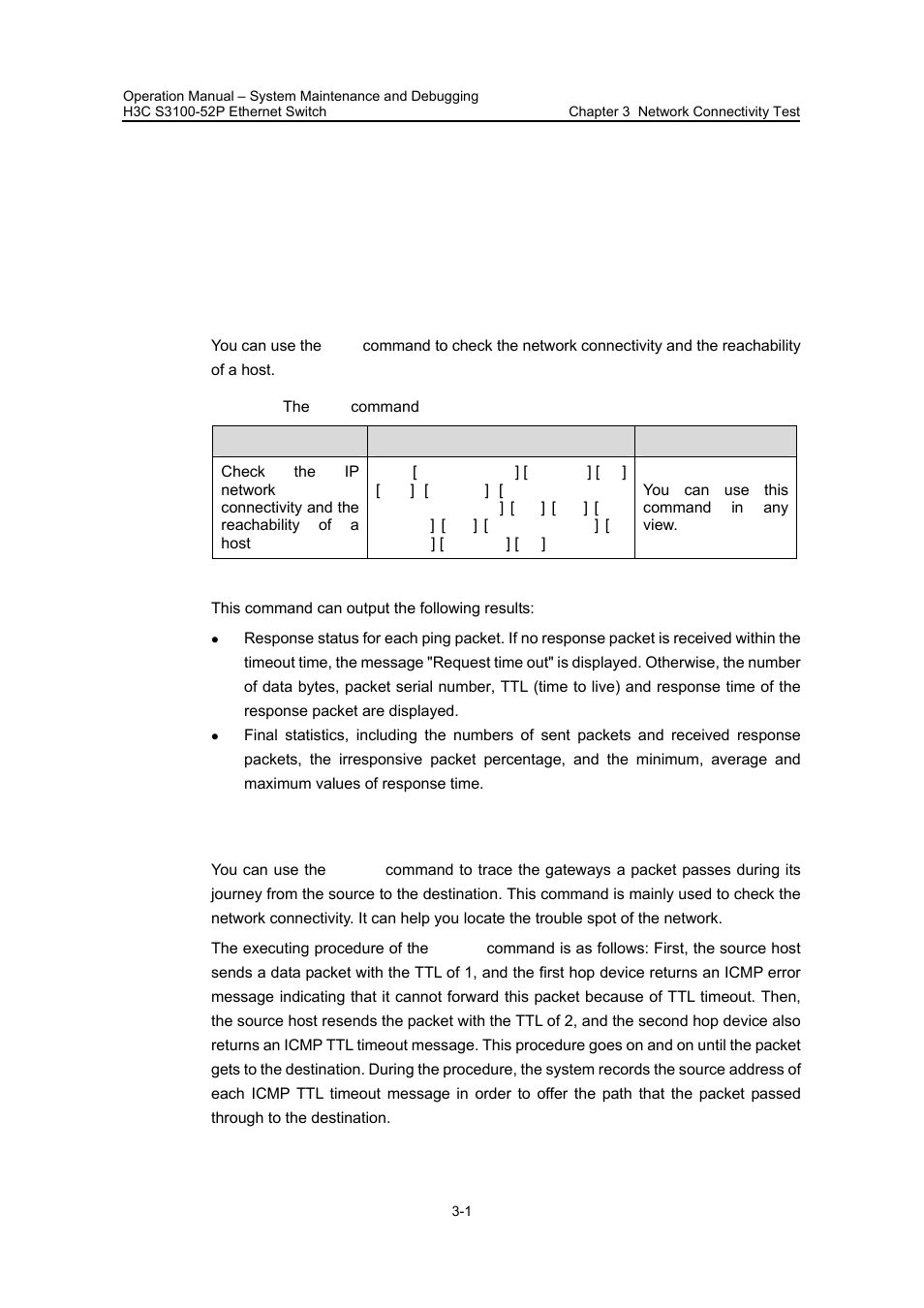 Chapter 3 network connectivity test, 1 network connectivity test, 1 ping | 2 tracert, Chapter 3 network connectivity test -1, 1 network connectivity test -1, 1 ping -1 3.1.2 tracert -1 | H3C Technologies H3C S3100 Series Switches User Manual | Page 596 / 630