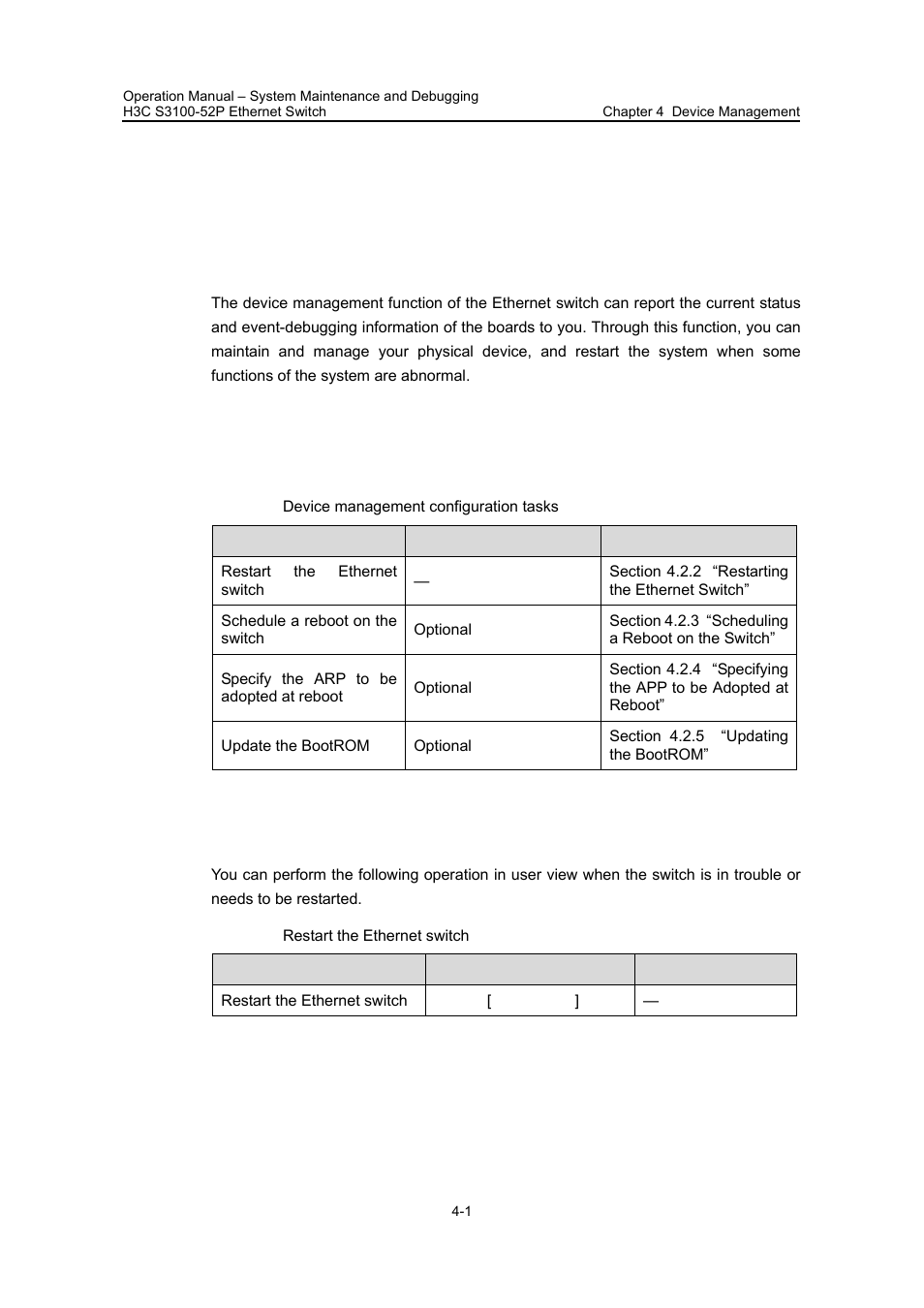 Chapter 4 device management, 1 introduction to device management, 2 device management configuration | 1 device management configuration tasks, 2 restarting the ethernet switch, Chapter 4 device management -1 | H3C Technologies H3C S3100 Series Switches User Manual | Page 598 / 630