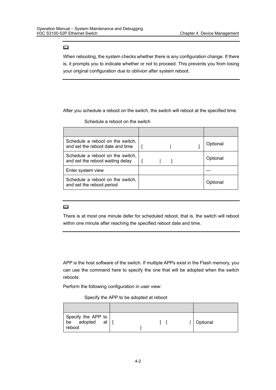 3 scheduling a reboot on the switch, 4 specifying the app to be adopted at reboot, Section 4.2.3 “scheduling | A reboot on the switch, 4 “specifying, The app to be adopted at, Reboot | H3C Technologies H3C S3100 Series Switches User Manual | Page 599 / 630