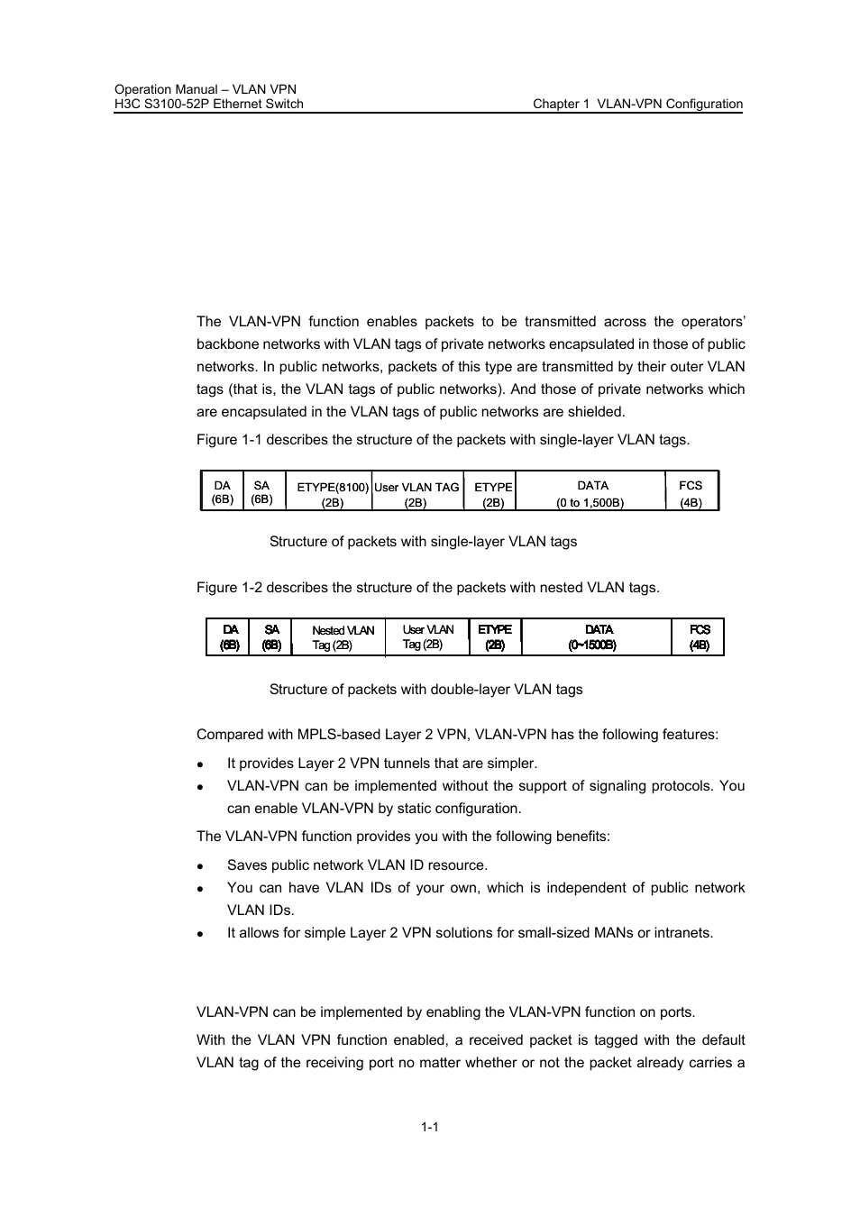 Chapter 1 vlan-vpn configuration, 1 vlan-vpn overview, 1 introduction to vlan-vpn | 2 implementation of vlan-vpn, Chapter 1 vlan-vpn configuration -1, 1 vlan-vpn overview -1 | H3C Technologies H3C S3100 Series Switches User Manual | Page 605 / 630