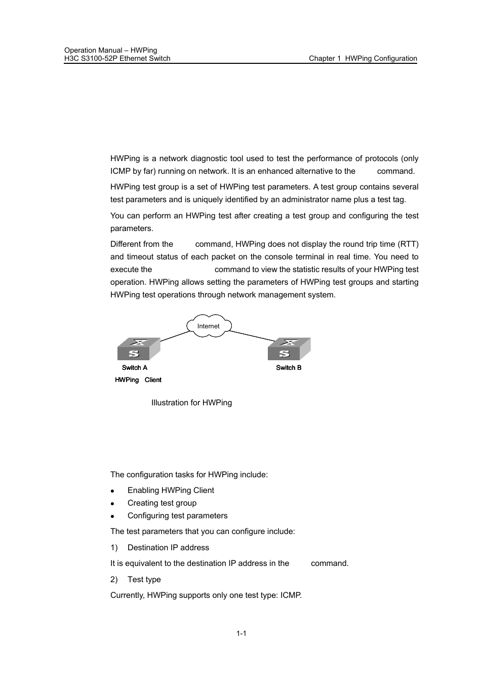 Chapter 1 hwping configuration, 1 introduction to hwping, 2 hwping configuration | 1 introduction to hwping configuration, Chapter 1 hwping configuration -1, 1 introduction to hwping configuration -1 | H3C Technologies H3C S3100 Series Switches User Manual | Page 617 / 630