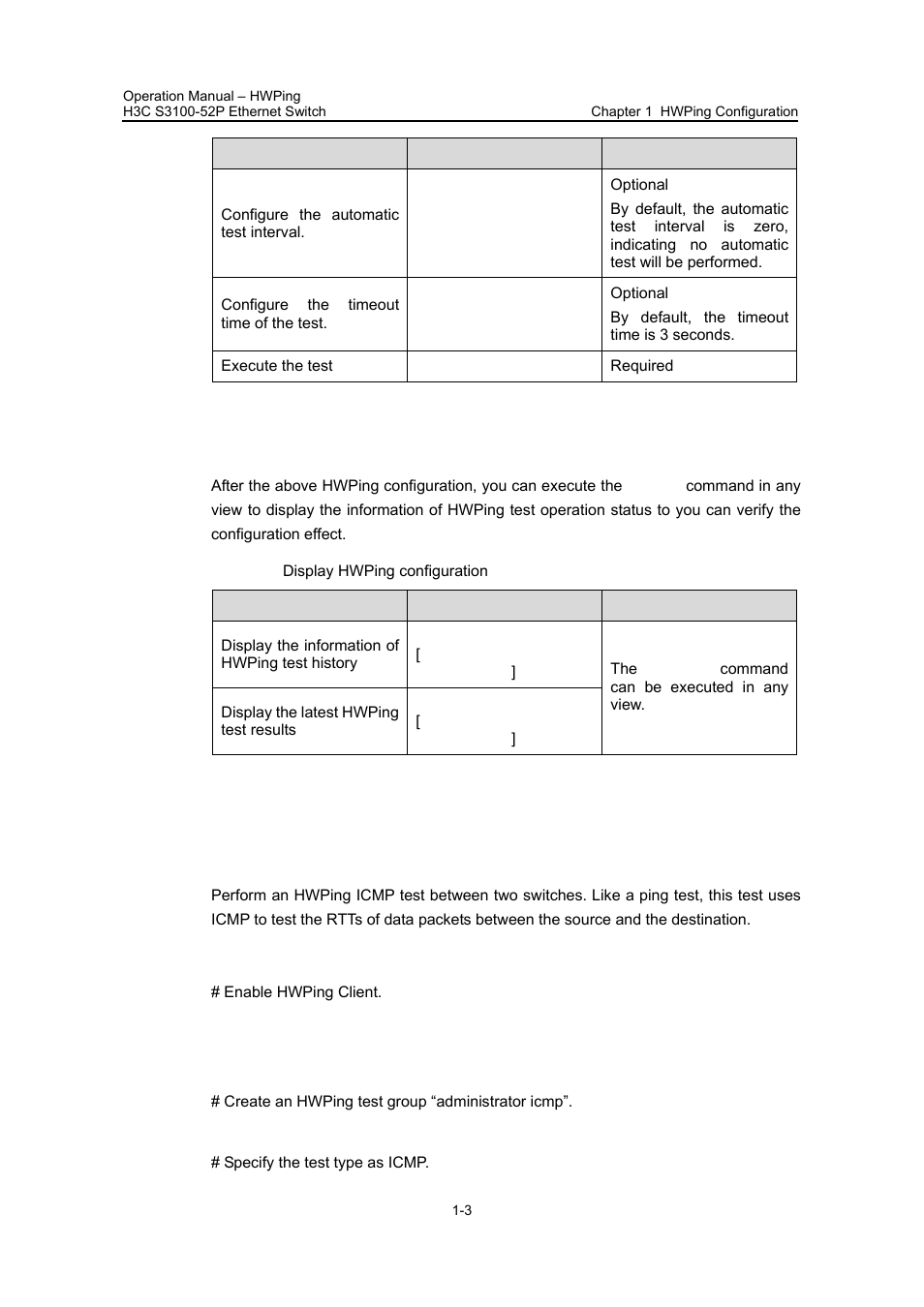 3 displaying hwping configuration, 4 configuration example, I. network requirement | Ii. configuration procedure | H3C Technologies H3C S3100 Series Switches User Manual | Page 619 / 630