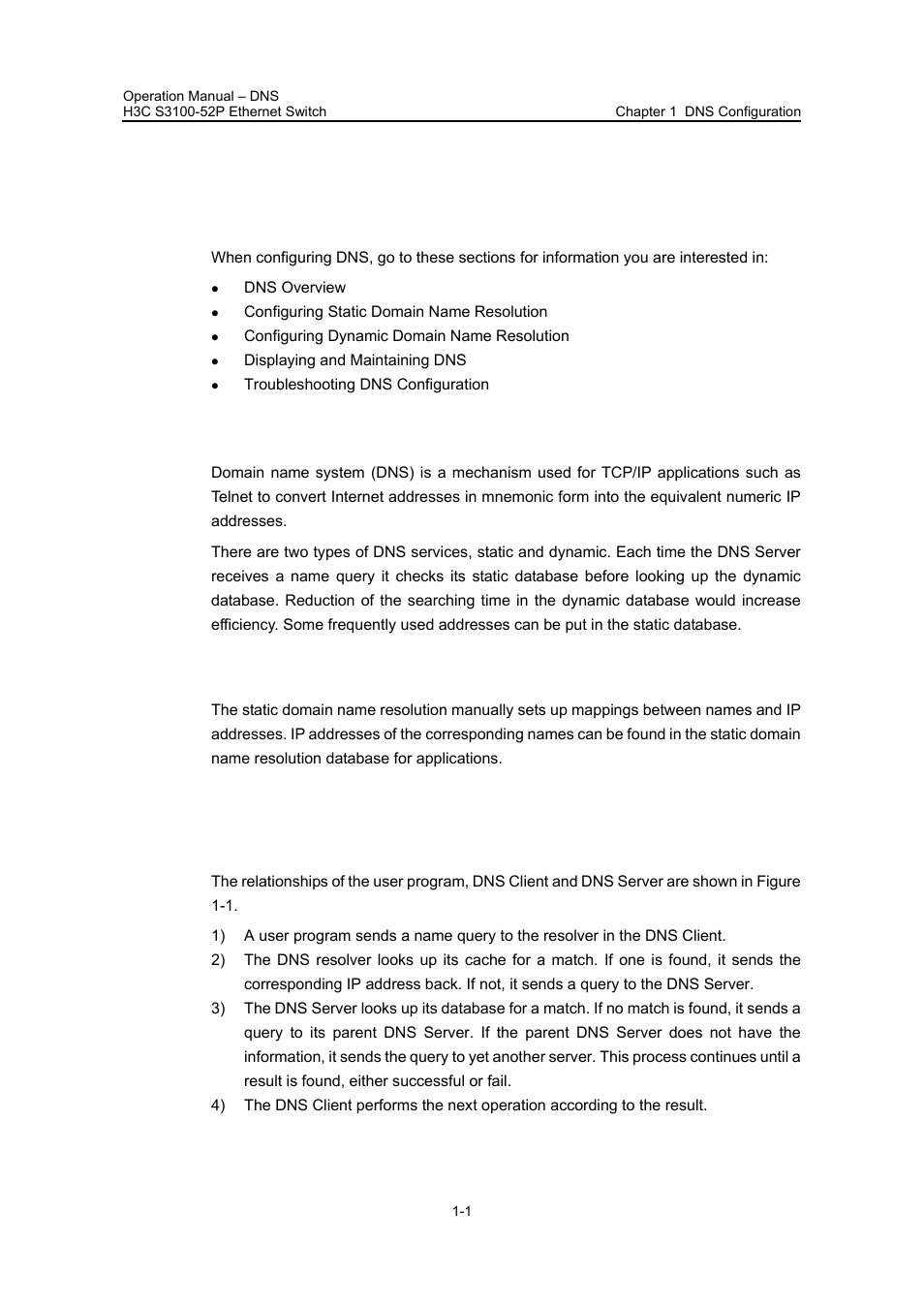 Chapter 1 dns configuration, 1 dns overview, 1 static domain name resolution | 2 dynamic domain name resolution, I. resolving procedure, Chapter 1 dns configuration -1, 1 dns overview -1 | H3C Technologies H3C S3100 Series Switches User Manual | Page 622 / 630