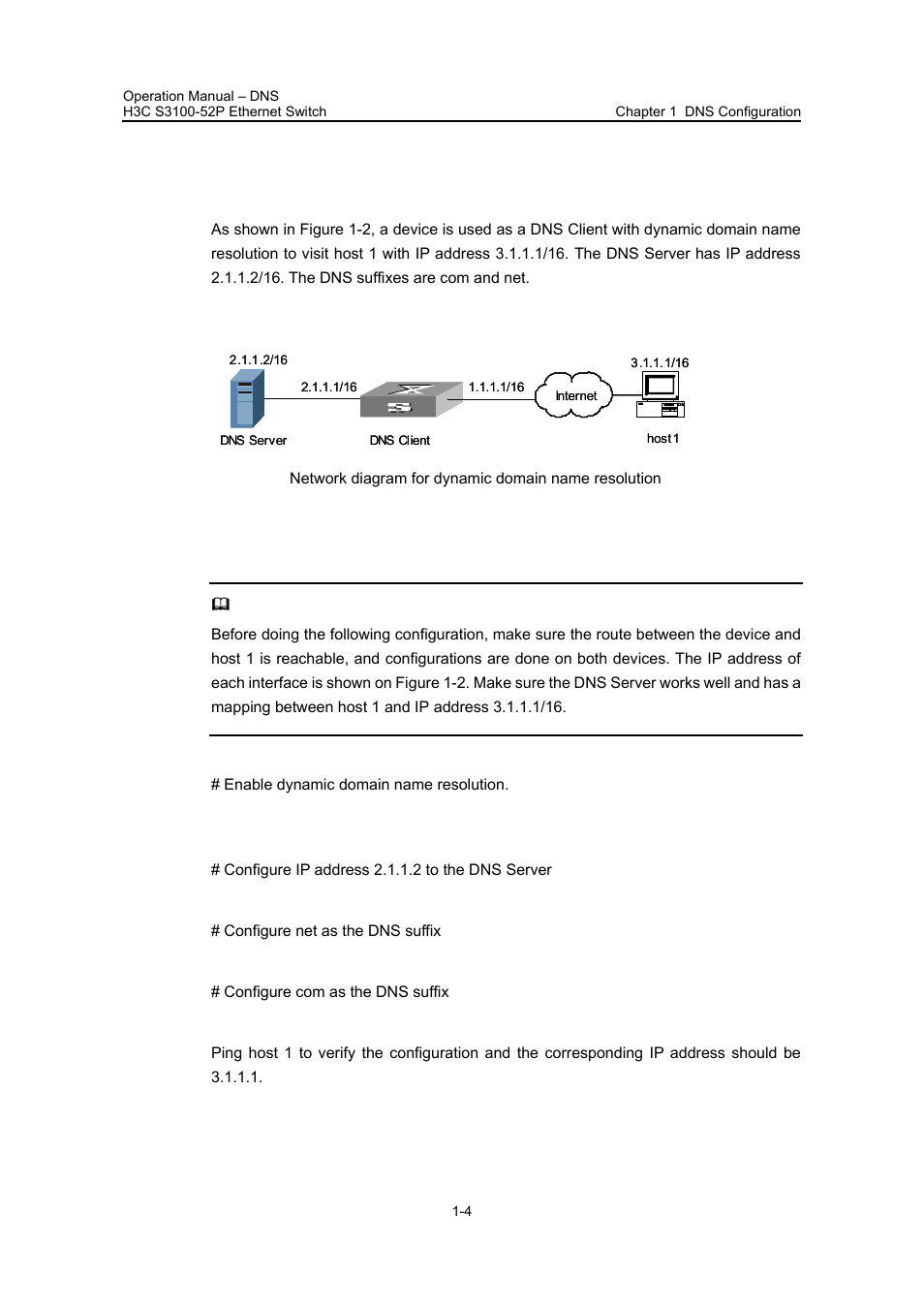 2 dns configuration example, I. network requirements, Ii. network diagram | Iii. configuration procedure, 2 dns configuration example -4 | H3C Technologies H3C S3100 Series Switches User Manual | Page 625 / 630
