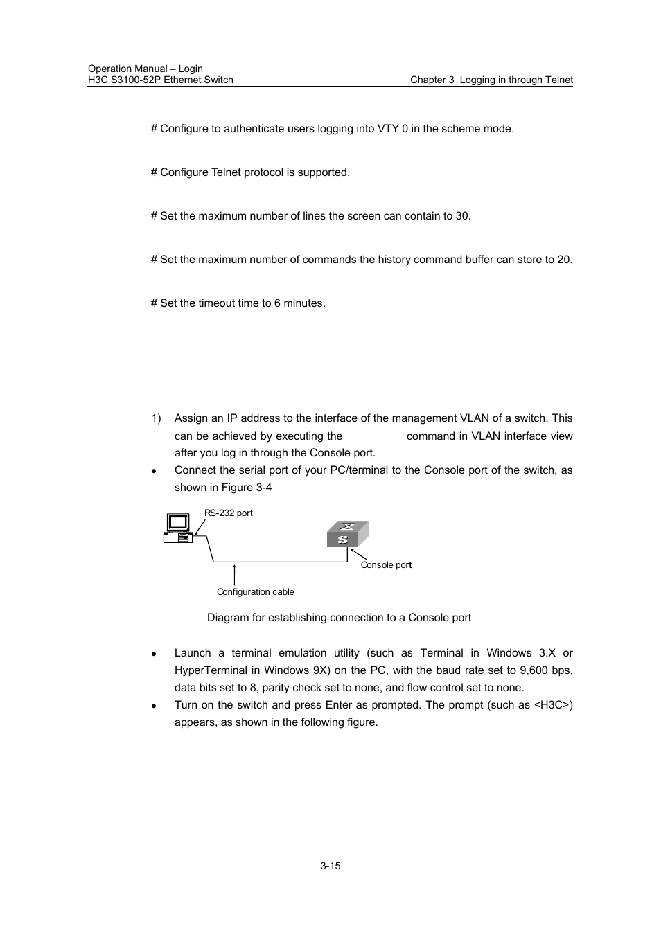 5 telneting to a switch, 1 telneting to a switch from a terminal, 5 telneting to a switch -15 | 1 telneting to a switch from a terminal -15 | H3C Technologies H3C S3100 Series Switches User Manual | Page 66 / 630