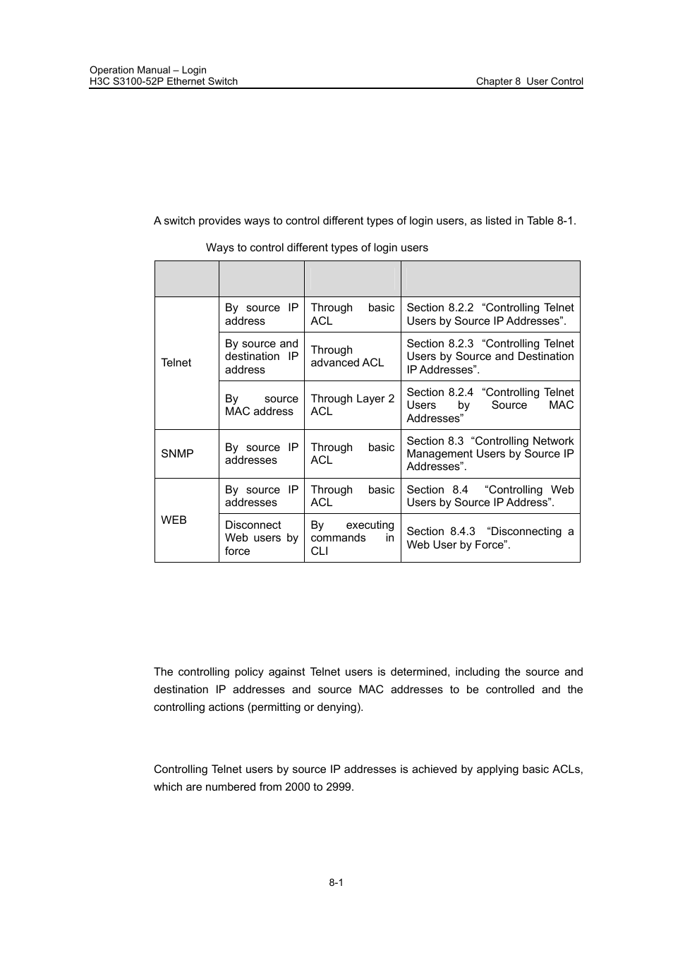 Chapter 8 user control, 1 introduction, 2 controlling telnet users | 1 prerequisites, 2 controlling telnet users by source ip addresses, Chapter 8 user control -1, 1 introduction -1 8.2 controlling telnet users -1 | H3C Technologies H3C S3100 Series Switches User Manual | Page 82 / 630