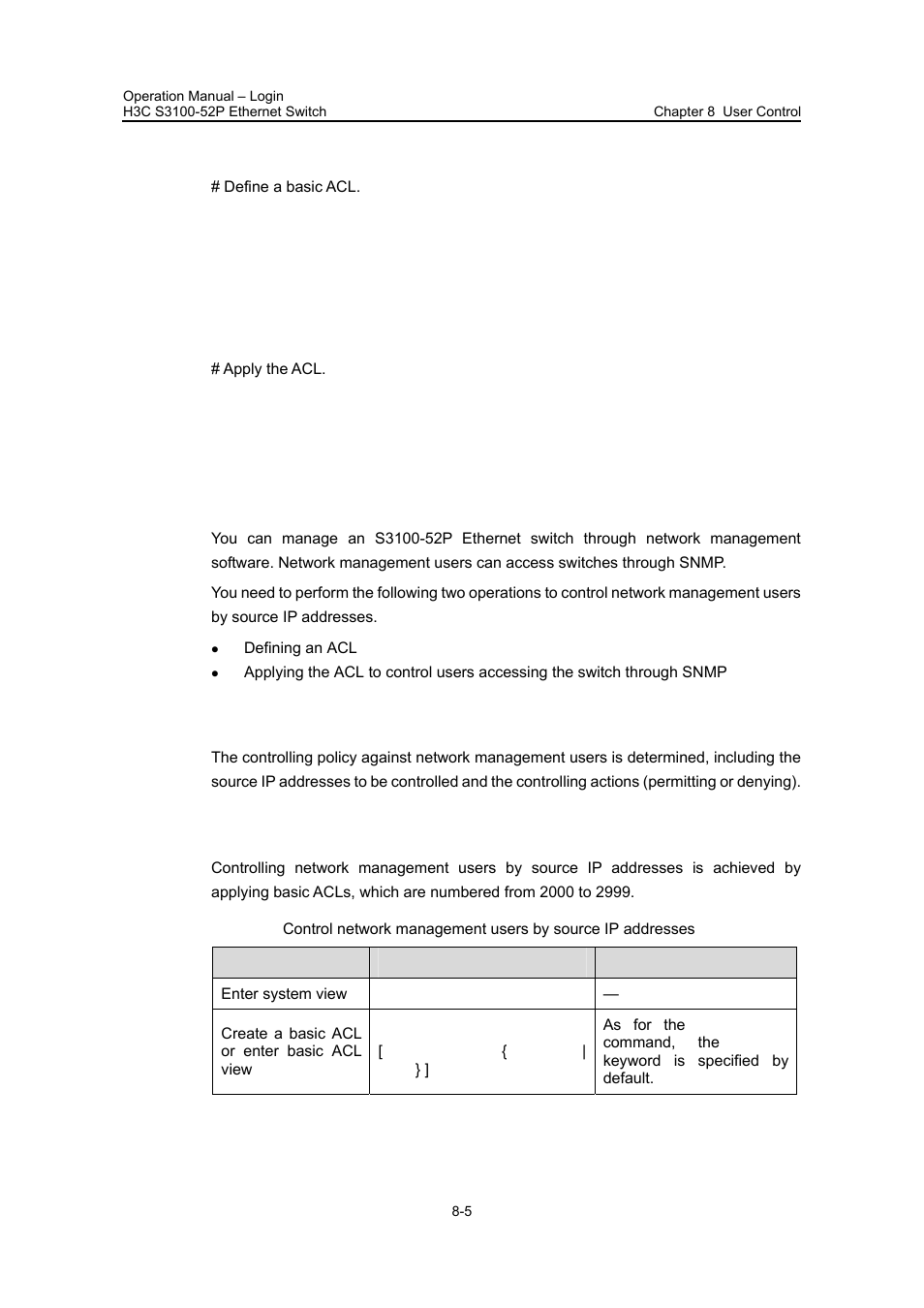 Iii. configuration procedure, 1 prerequisites, Controlling network | Management users by source ip, Addresses | H3C Technologies H3C S3100 Series Switches User Manual | Page 86 / 630